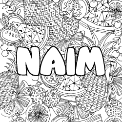 Coloring page first name NAIM - Fruits mandala background