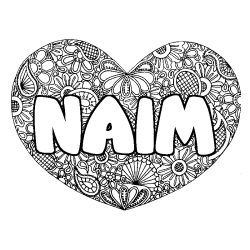Coloring page first name NAIM - Heart mandala background