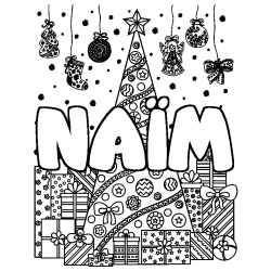 Coloring page first name NAÏM - Christmas tree and presents background