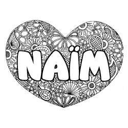 Coloring page first name NAÏM - Heart mandala background