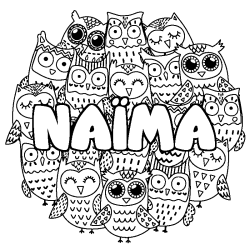 Coloring page first name NAÏMA - Owls background