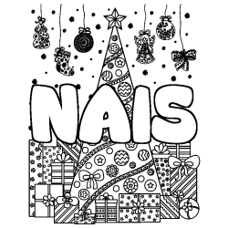 Coloring page first name NAIS - Christmas tree and presents background