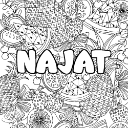 Coloring page first name NAJAT - Fruits mandala background