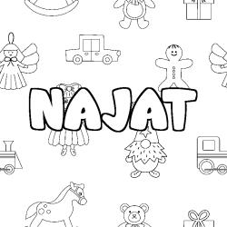 Coloring page first name NAJAT - Toys background