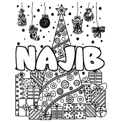 Coloring page first name NAJIB - Christmas tree and presents background
