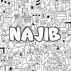 Coloring page first name NAJIB - City background