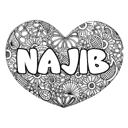 Coloring page first name NAJIB - Heart mandala background