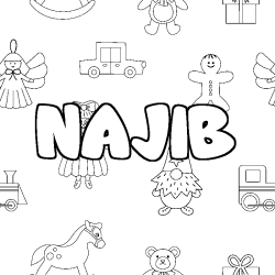 Coloring page first name NAJIB - Toys background
