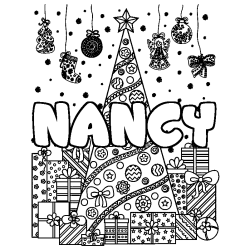 Coloring page first name NANCY - Christmas tree and presents background
