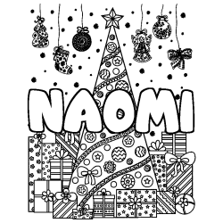 Coloring page first name NAOMI - Christmas tree and presents background