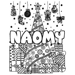 Coloring page first name NAOMY - Christmas tree and presents background