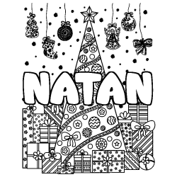 Coloring page first name NATAN - Christmas tree and presents background