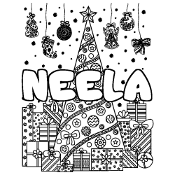 Coloring page first name NEELA - Christmas tree and presents background