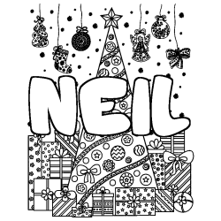Coloring page first name NEIL - Christmas tree and presents background