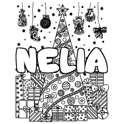 Coloring page first name NELIA - Christmas tree and presents background