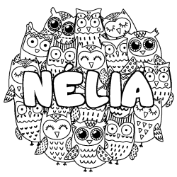 Coloring page first name NÉLIA - Owls background