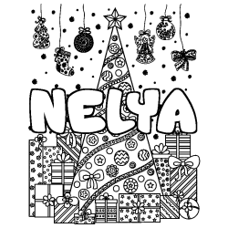 Coloring page first name NELYA - Christmas tree and presents background