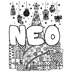 Coloring page first name NEO - Christmas tree and presents background