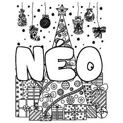 Coloring page first name NÉO - Christmas tree and presents background