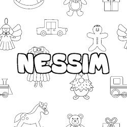 Coloring page first name NESSIM - Toys background