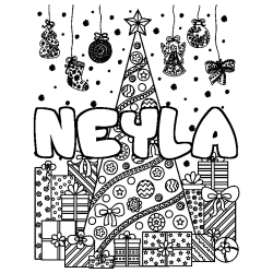 Coloring page first name NEYLA - Christmas tree and presents background