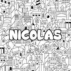 Coloring page first name NICOLAS - City background