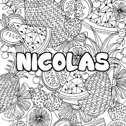 Coloring page first name NICOLAS - Fruits mandala background