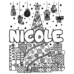 Coloring page first name NICOLE - Christmas tree and presents background