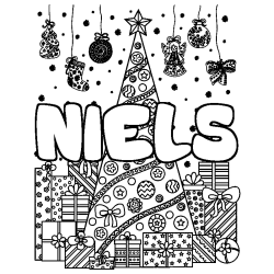 Coloring page first name NIELS - Christmas tree and presents background