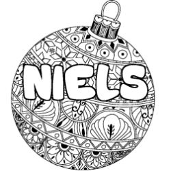 Coloring page first name NIELS - Christmas tree bulb background