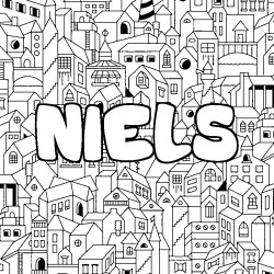 Coloring page first name NIELS - City background