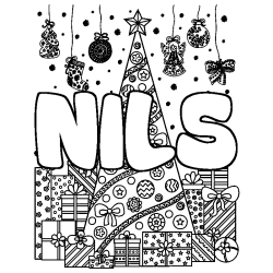 Coloring page first name NILS - Christmas tree and presents background