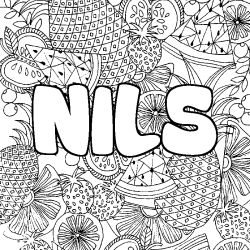 Coloring page first name NILS - Fruits mandala background