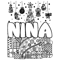 Coloring page first name NINA - Christmas tree and presents background
