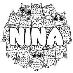 Coloring page first name NINA - Owls background