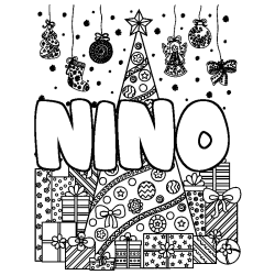 Coloring page first name NINO - Christmas tree and presents background