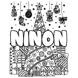 Coloring page first name NINON - Christmas tree and presents background