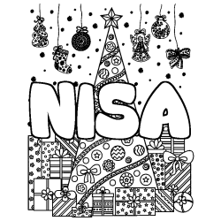 Coloring page first name NISA - Christmas tree and presents background