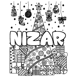 Coloring page first name NIZAR - Christmas tree and presents background