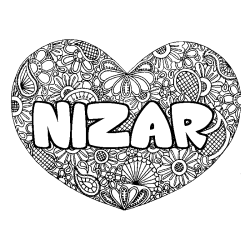 Coloring page first name NIZAR - Heart mandala background