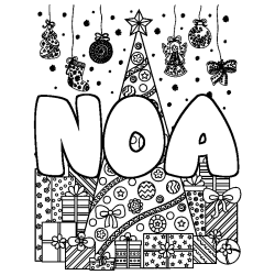 Coloring page first name NOA - Christmas tree and presents background