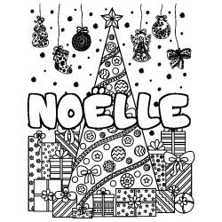 Coloring page first name NOËLLE - Christmas tree and presents background