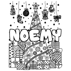 Coloring page first name NOEMY - Christmas tree and presents background