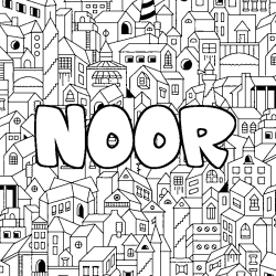 Coloring page first name NOOR - City background