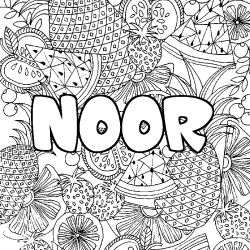 Coloring page first name NOOR - Fruits mandala background