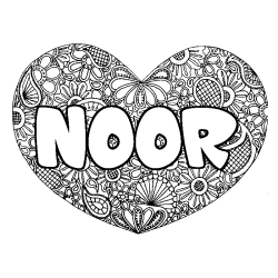 Coloring page first name NOOR - Heart mandala background