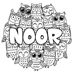 Coloring page first name NOOR - Owls background