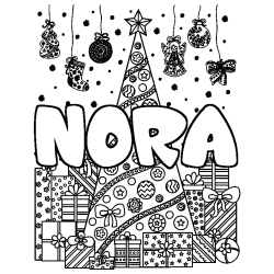 Coloring page first name NORA - Christmas tree and presents background