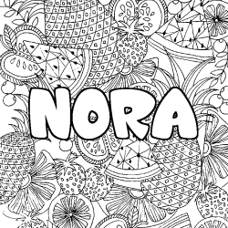 Coloring page first name NORA - Fruits mandala background