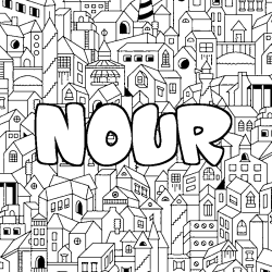 Coloring page first name NOUR - City background